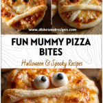 Mini mummy pizza bites with melted cheese wrapped like bandages served as Halloween food for party savoury.